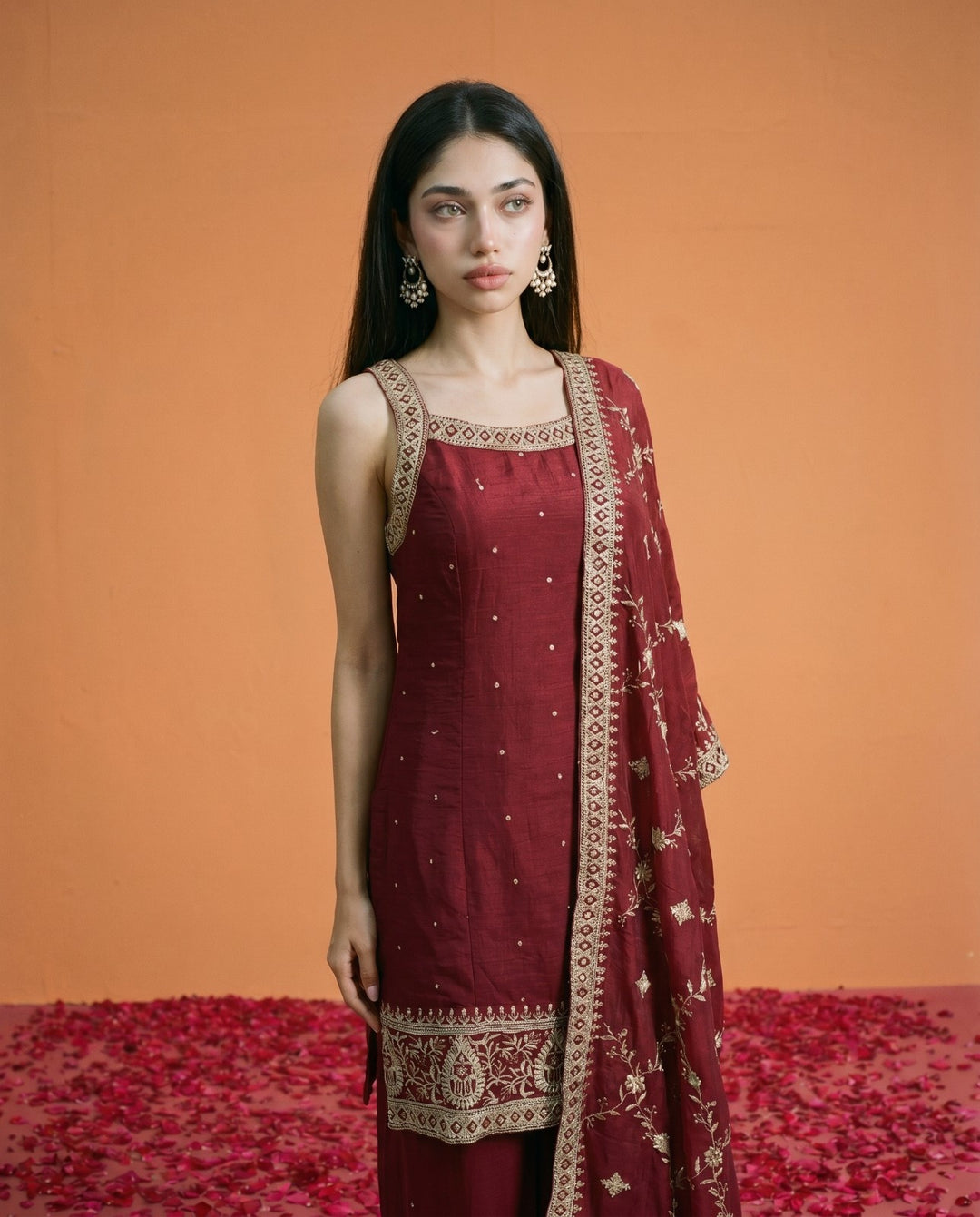 Maroon Embriodered Silk Blended Sleeveless Kurta Bottom Dupatta Set