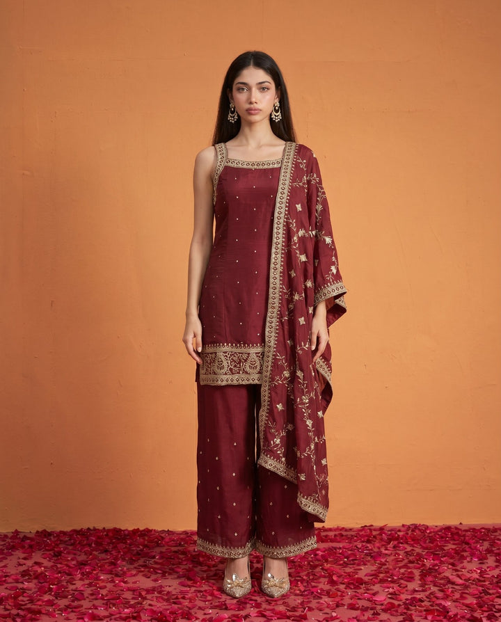 Maroon Embriodered Silk Blended Sleeveless Kurta Bottom Dupatta Set