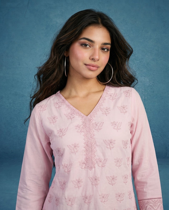 Pink Embriodered Cotton Short Kurti