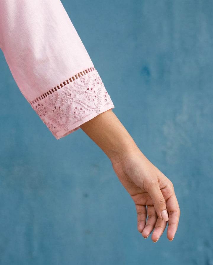 Pink Embriodered Cotton Short Kurti
