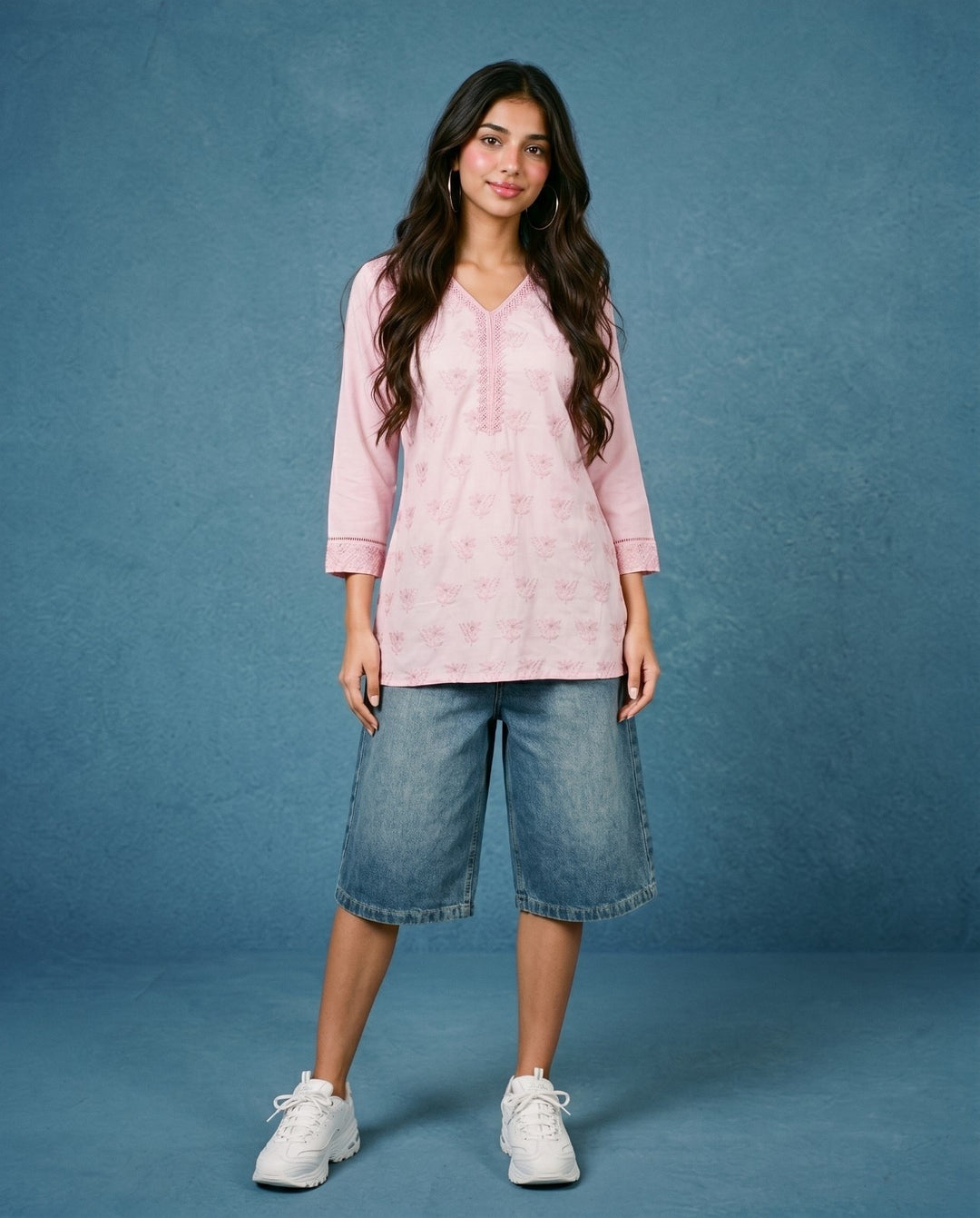 Pink Embriodered Cotton Short Kurti
