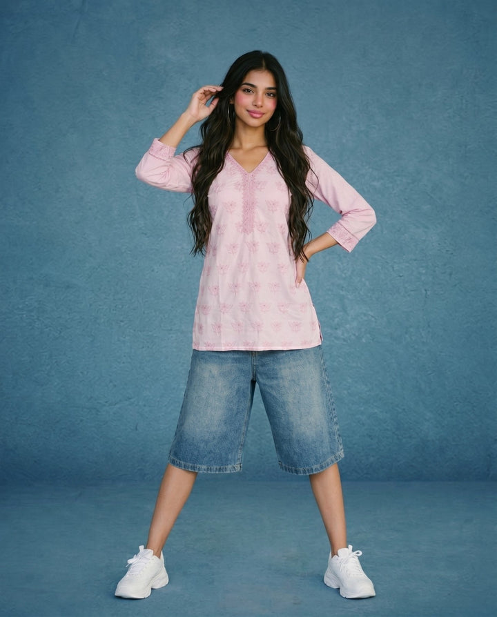 Pink Embriodered Cotton Short Kurti