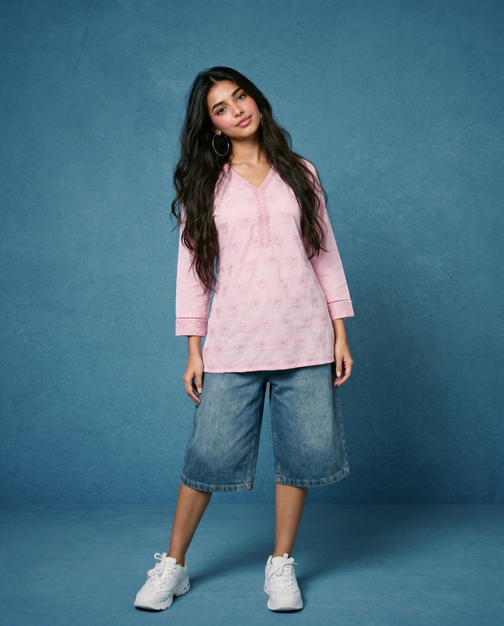 Pink Embriodered Cotton Short Kurti