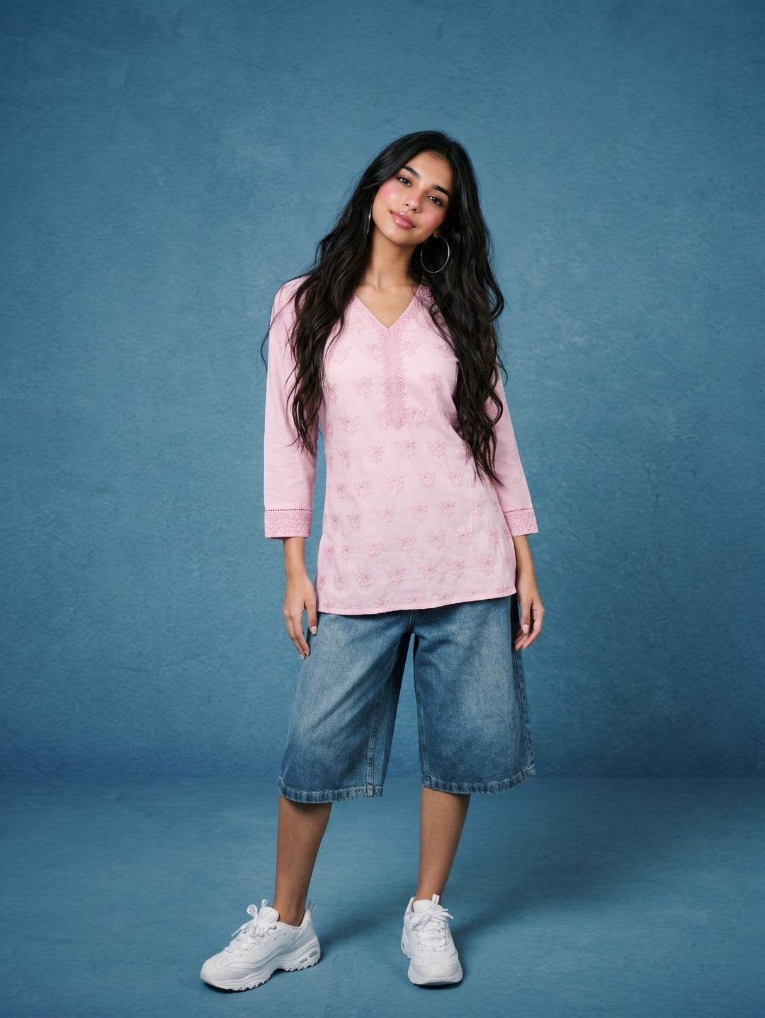Pink Embriodered Cotton Short Kurti