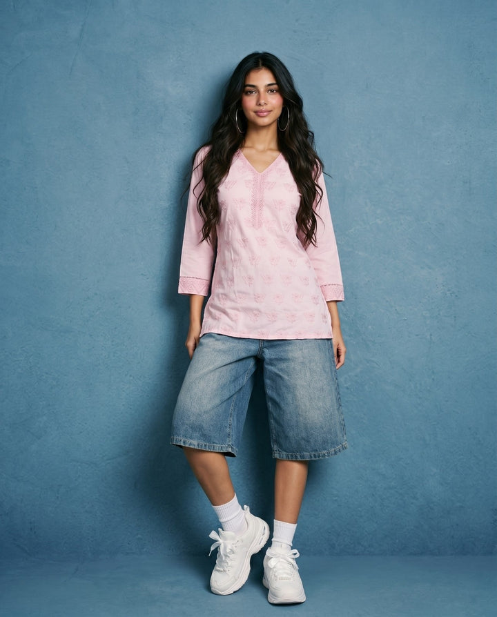 Pink Embriodered Cotton Short Kurti
