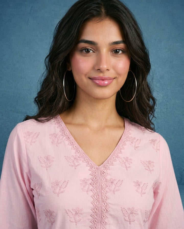 Pink Embriodered Cotton Short Kurti
