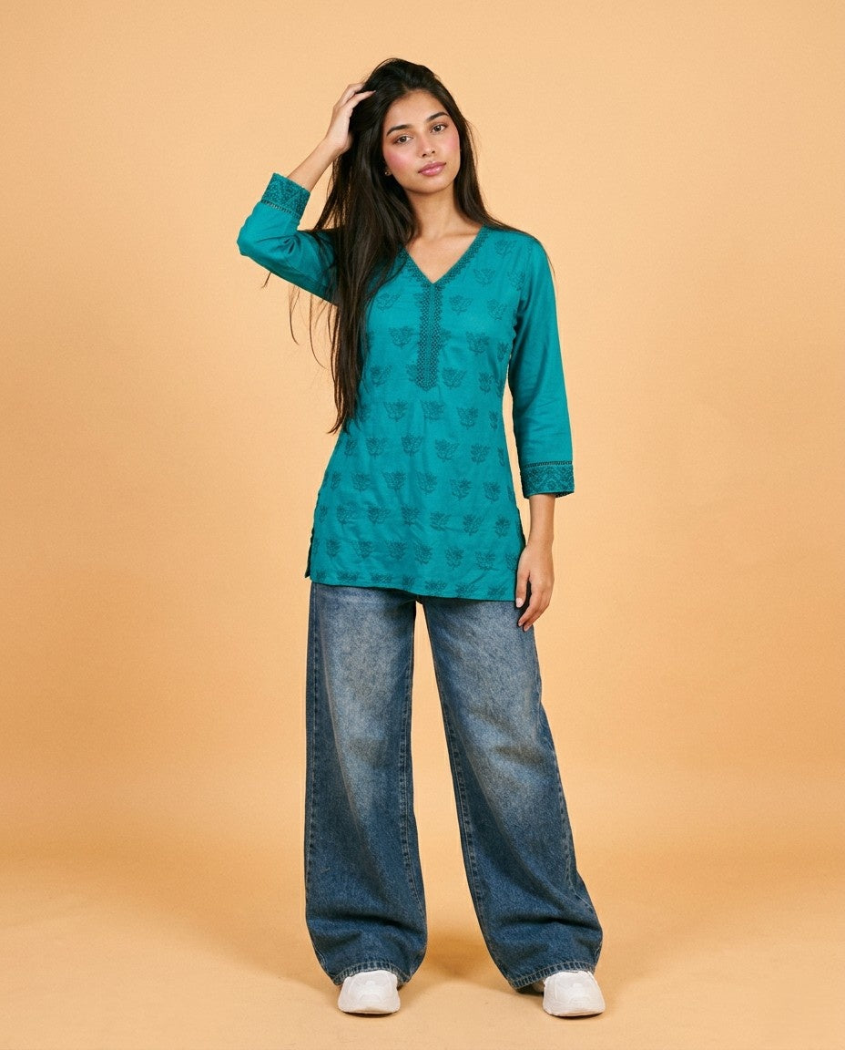 Rama Embriodered Cotton Short Kurti