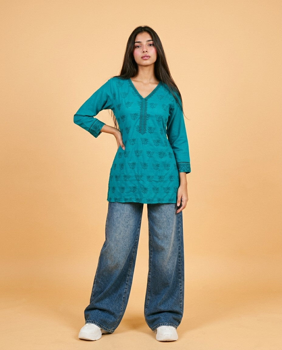 Rama Embriodered Cotton Short Kurti