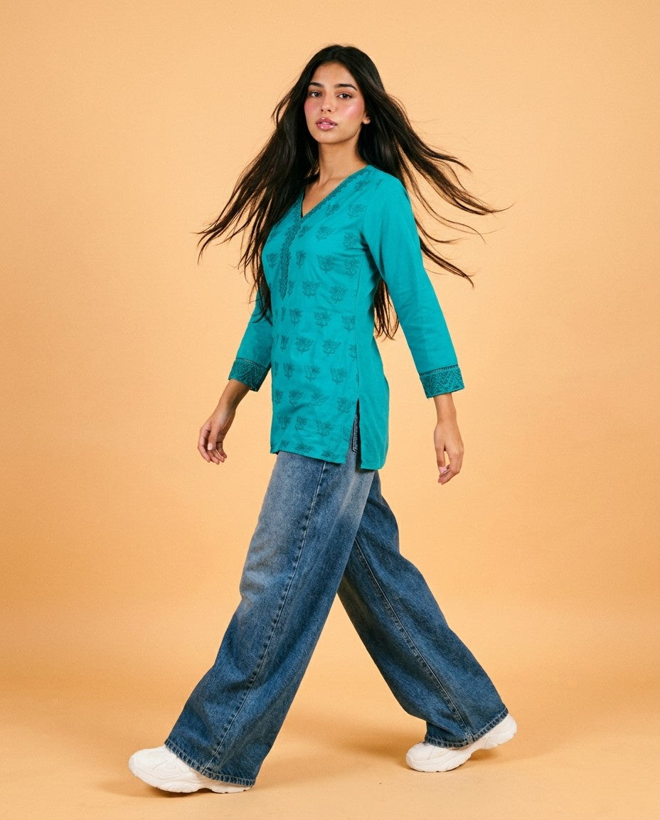 Rama Embriodered Cotton Short Kurti