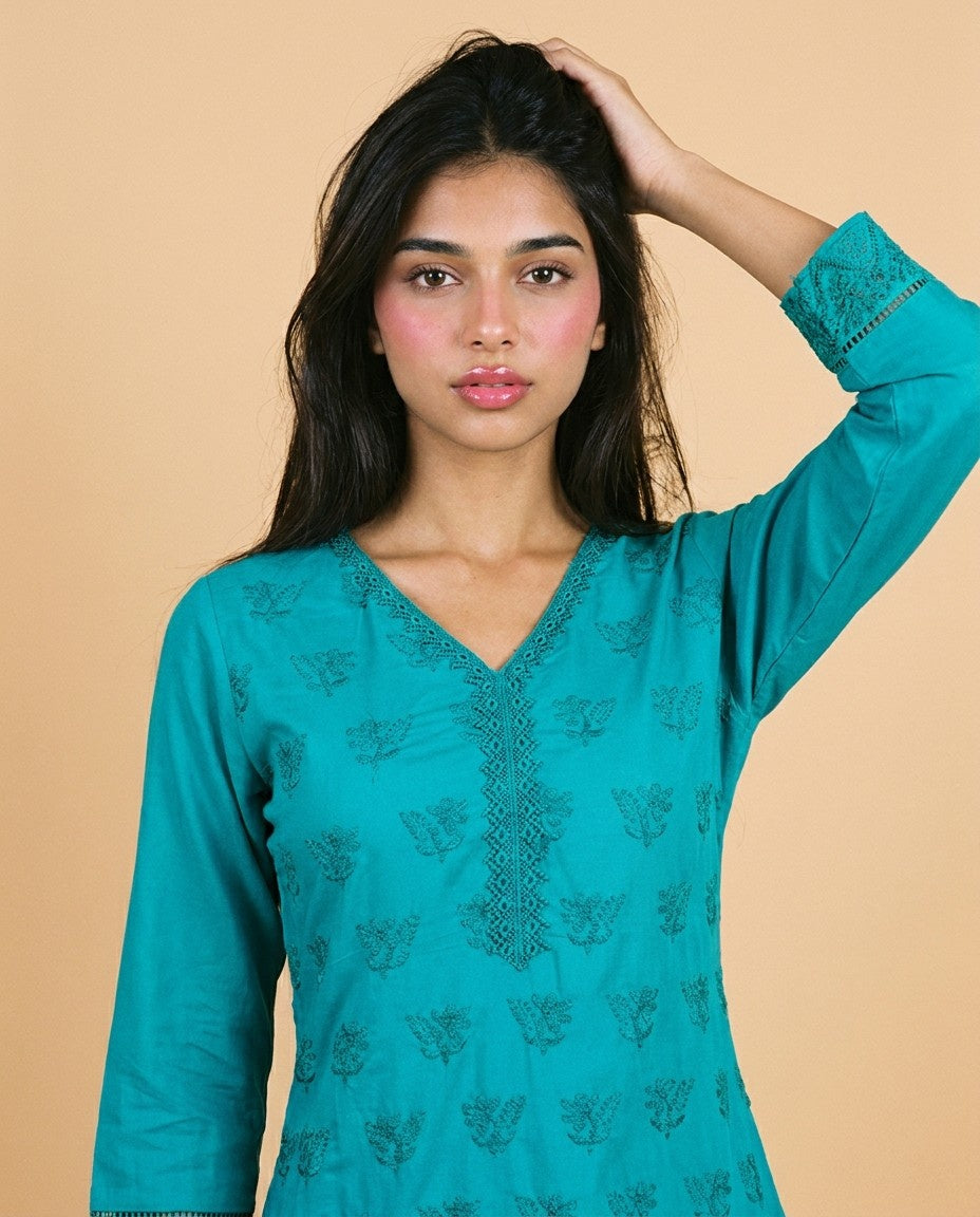 Rama Embriodered Cotton Short Kurti