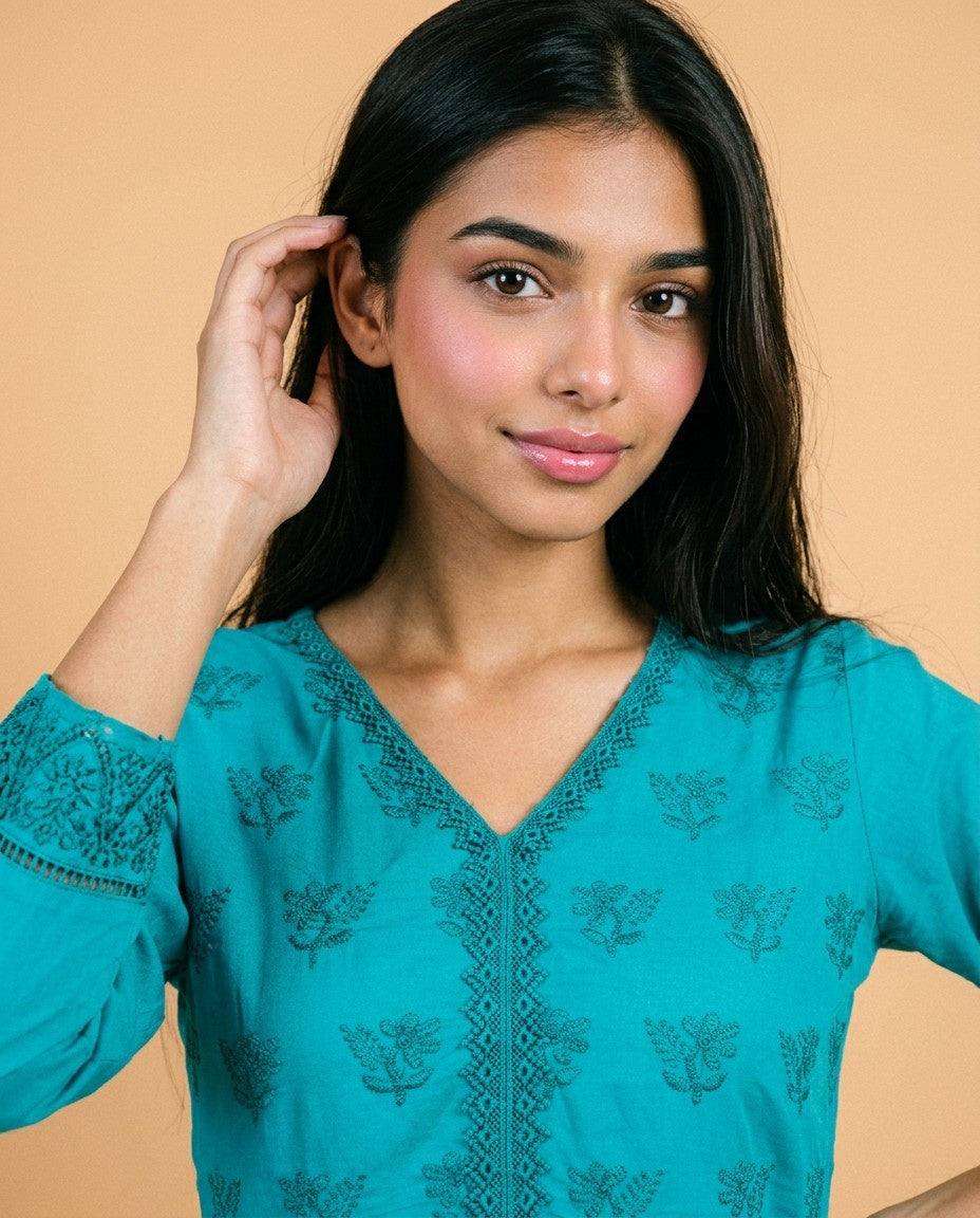 Rama Embriodered Cotton Short Kurti