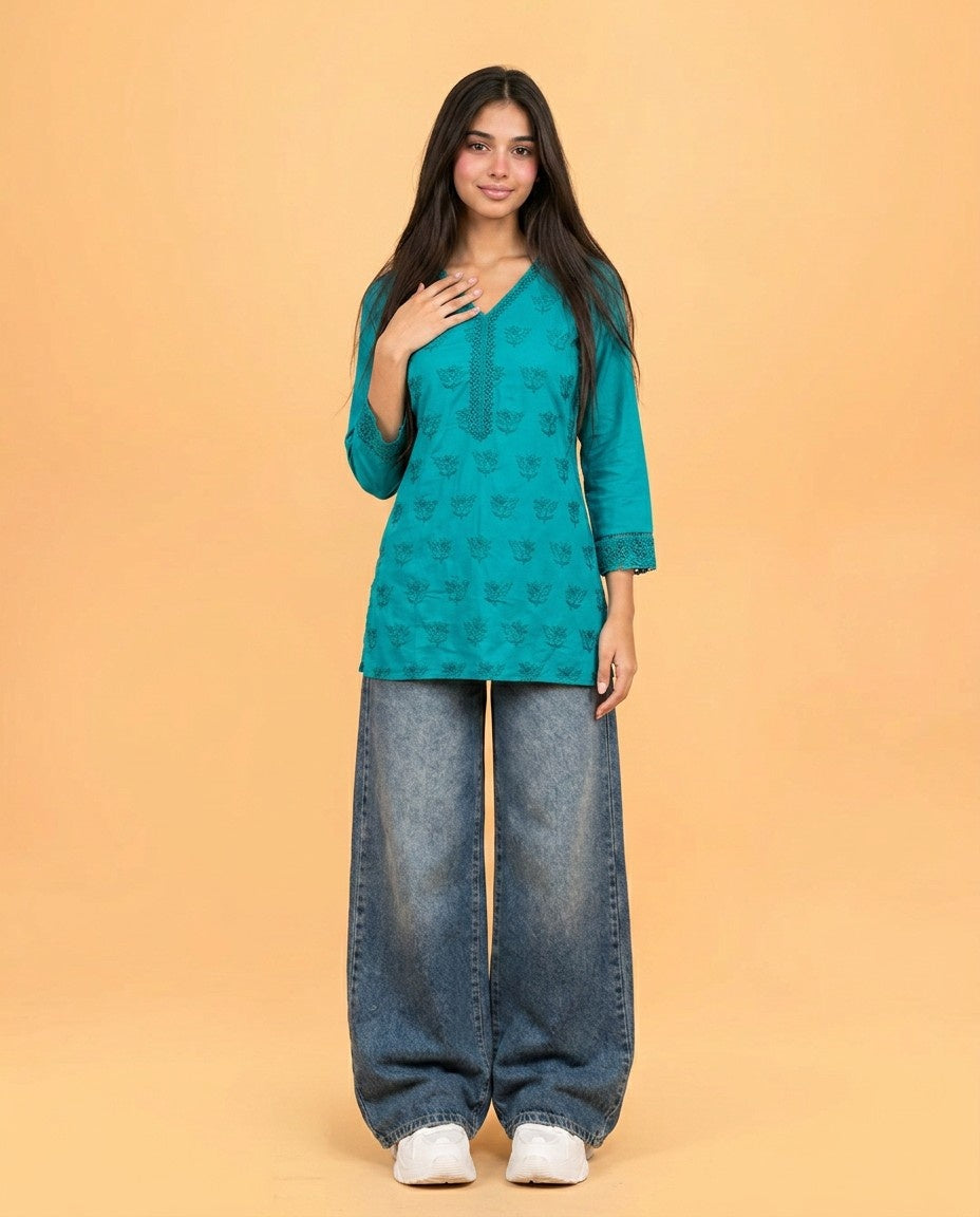 Rama Embriodered Cotton Short Kurti