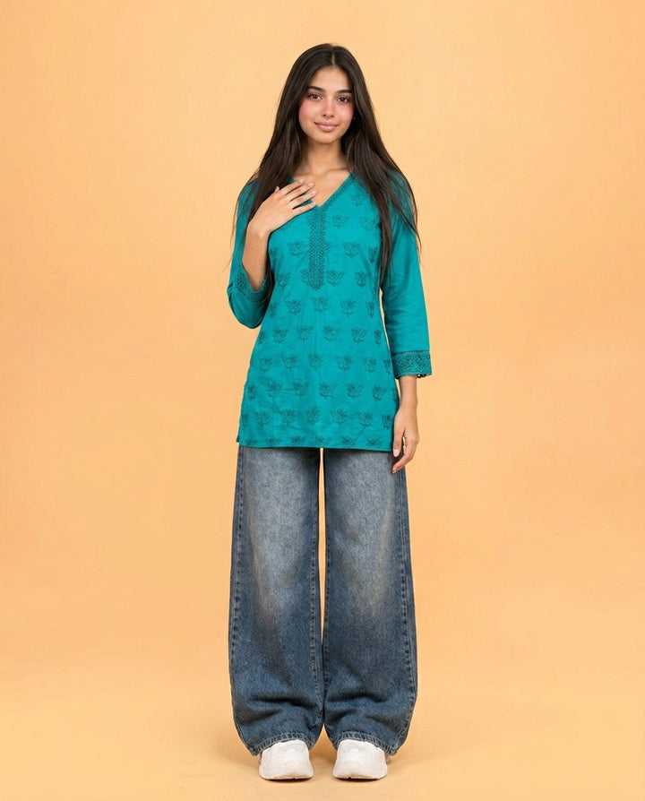 Rama Embriodered Cotton Short Kurti