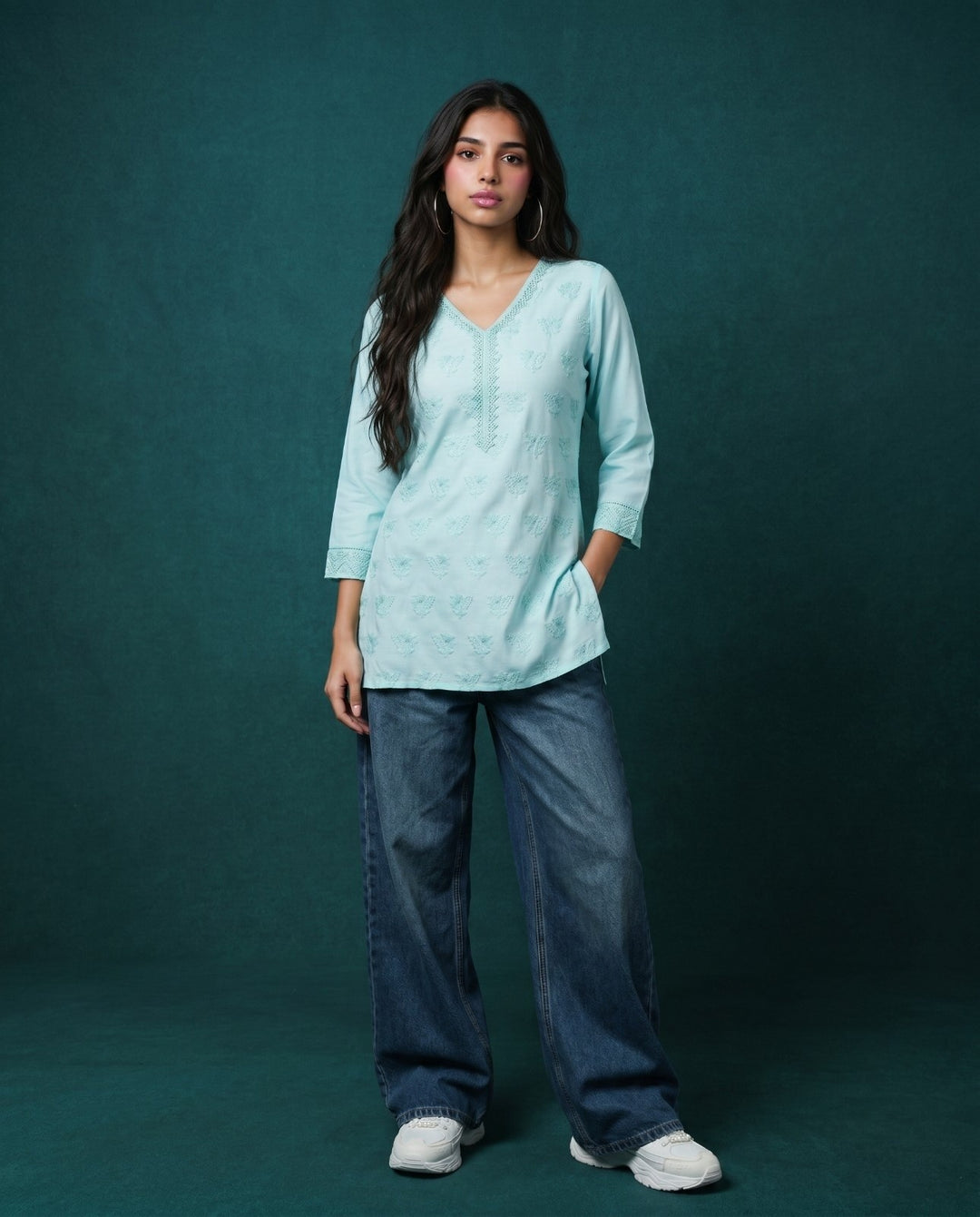 Sky Blue Embriodered Cotton Short Kurti