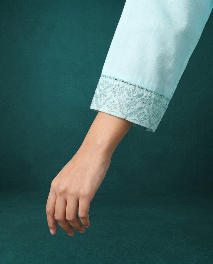 Sky Blue Embriodered Cotton Short Kurti