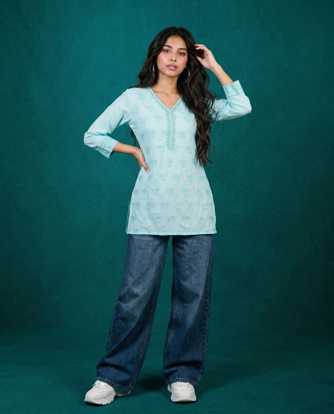 Sky Blue Embriodered Cotton Short Kurti