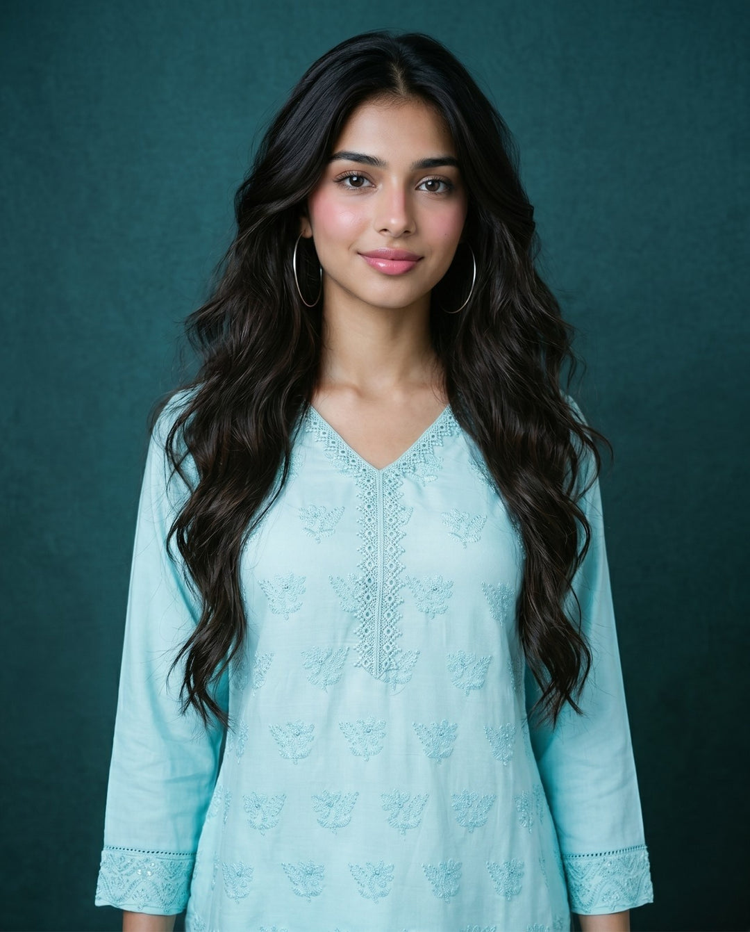 Sky Blue Embriodered Cotton Short Kurti