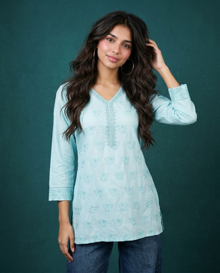Sky Blue Embriodered Cotton Short Kurti