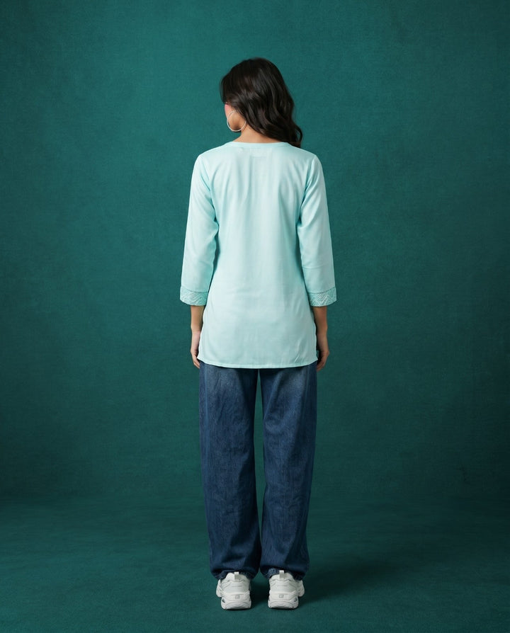 Sky Blue Embriodered Cotton Short Kurti