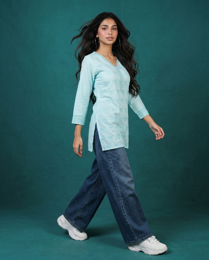 Sky Blue Embriodered Cotton Short Kurti