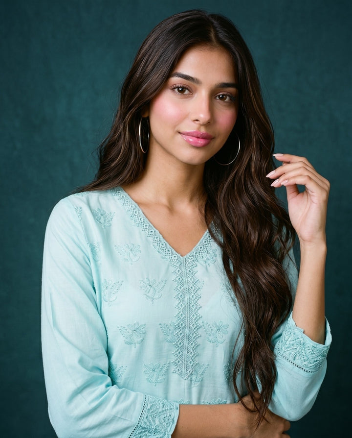 Sky Blue Embriodered Cotton Short Kurti