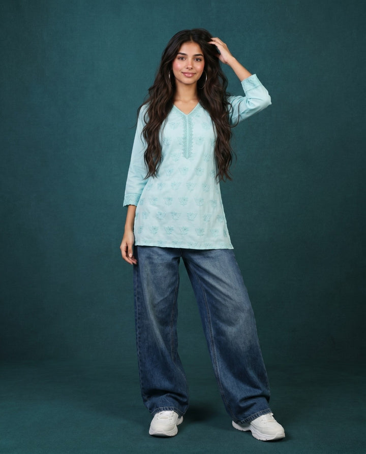 Sky Blue Embriodered Cotton Short Kurti