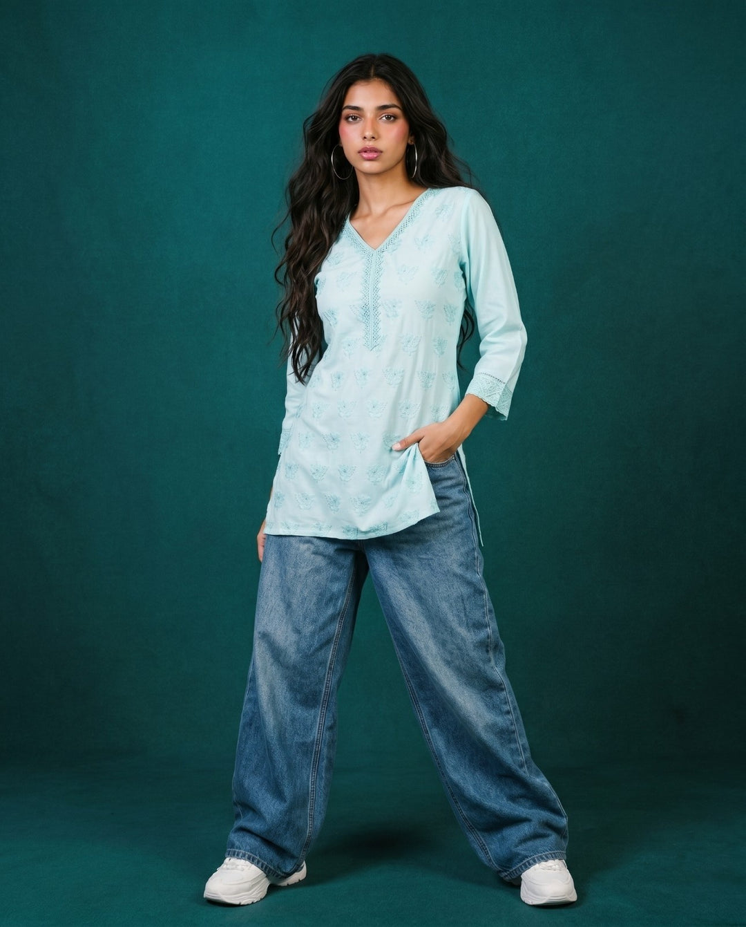 Sky Blue Embriodered Cotton Short Kurti