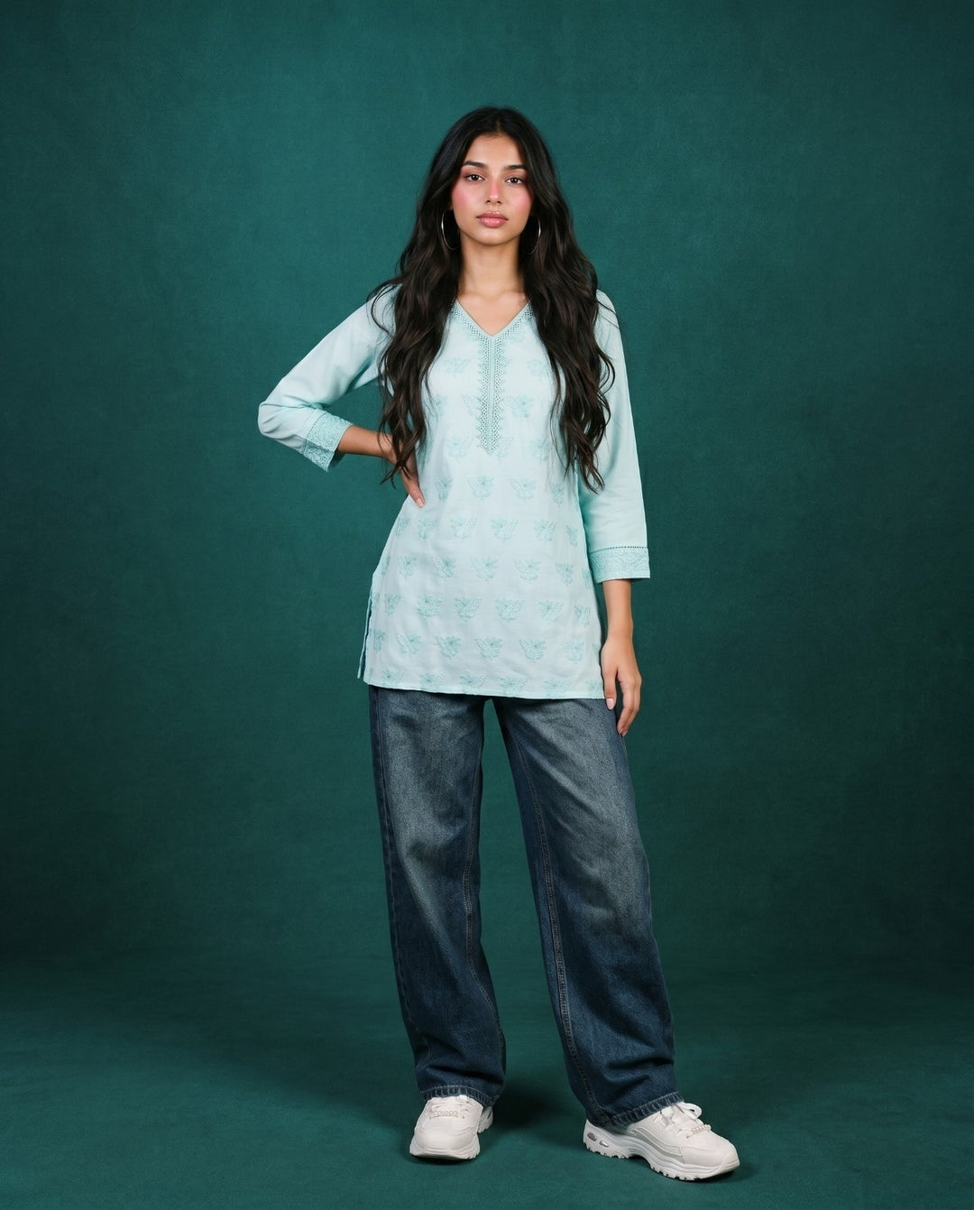 Sky Blue Embriodered Cotton Short Kurti