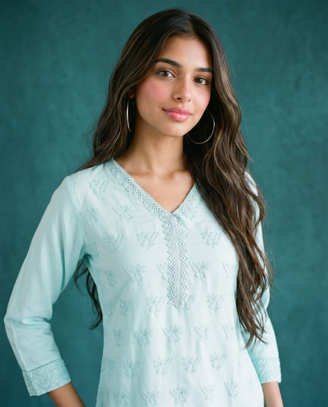 Sky Blue Embriodered Cotton Short Kurti