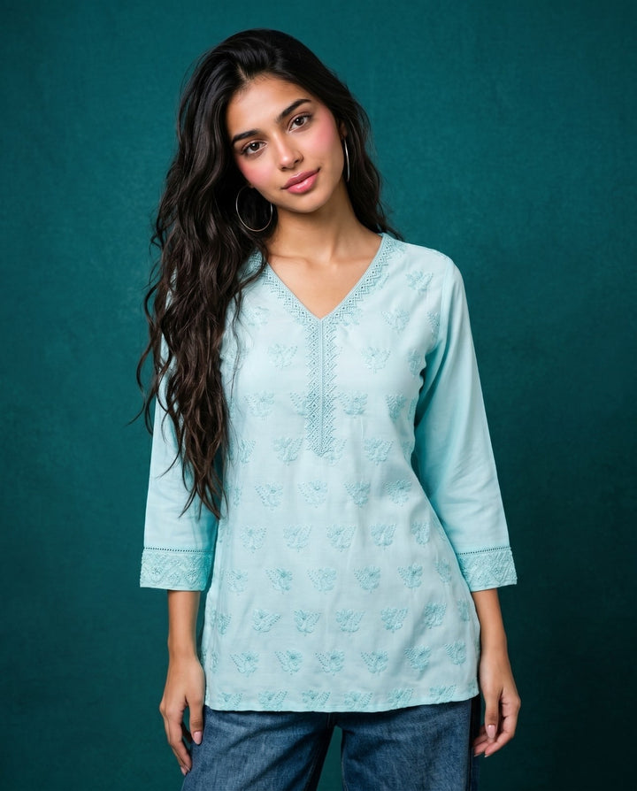 Sky Blue Embriodered Cotton Short Kurti