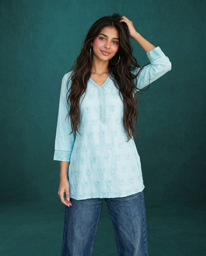 Sky Blue Embriodered Cotton Short Kurti