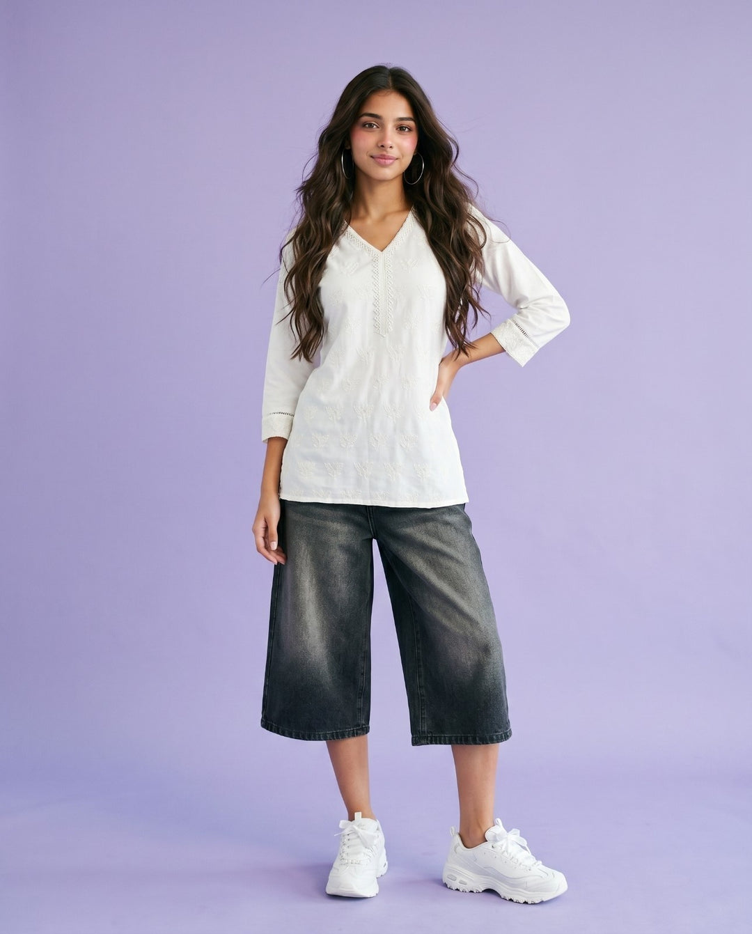White Embriodered Cotton Short Kurti