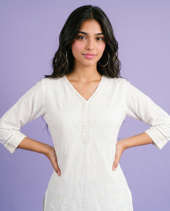 White Embriodered Cotton Short Kurti