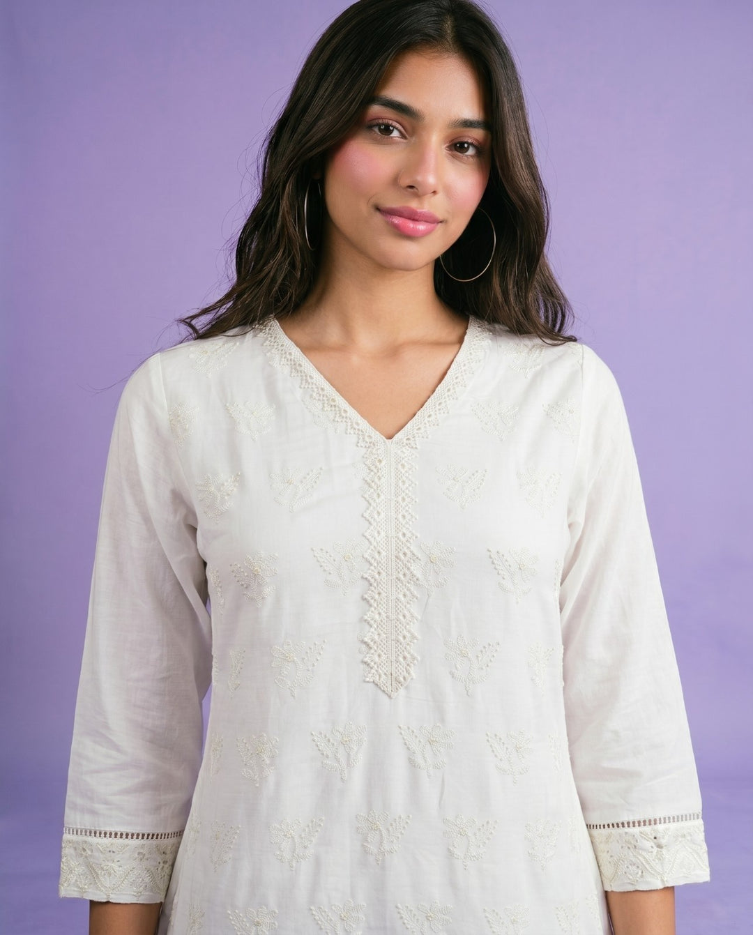 White Embriodered Cotton Short Kurti