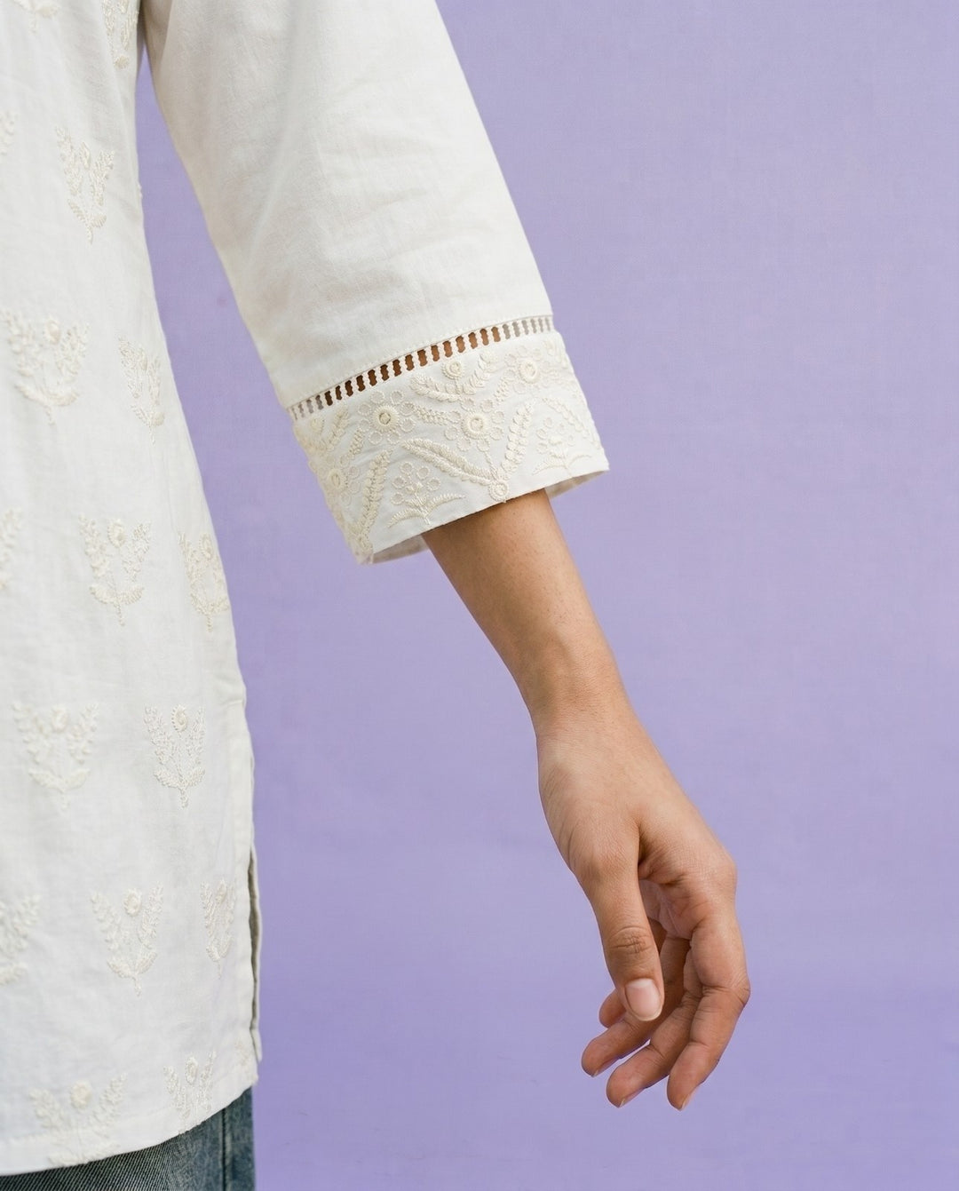 White Embriodered Cotton Short Kurti