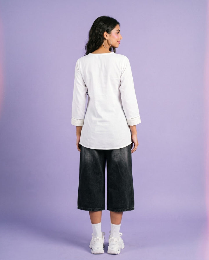 White Embriodered Cotton Short Kurti