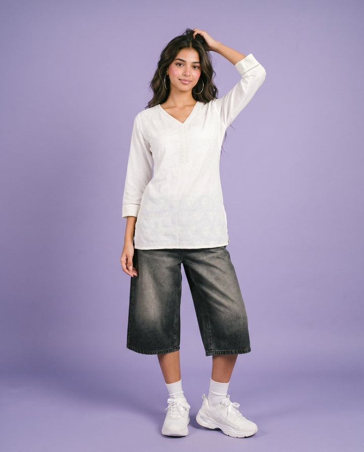 White Embriodered Cotton Short Kurti