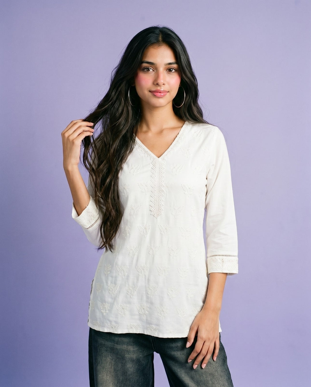 White Embriodered Cotton Short Kurti