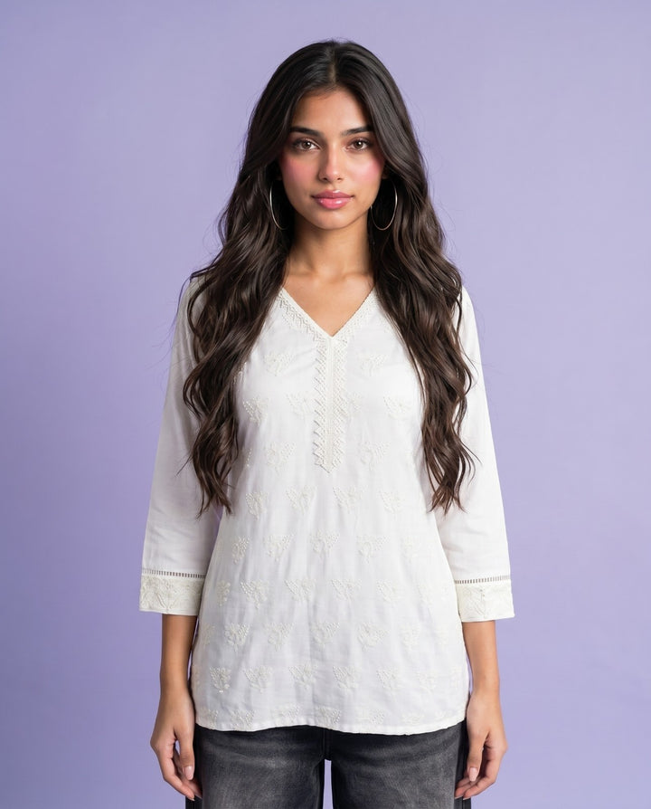 White Embriodered Cotton Short Kurti