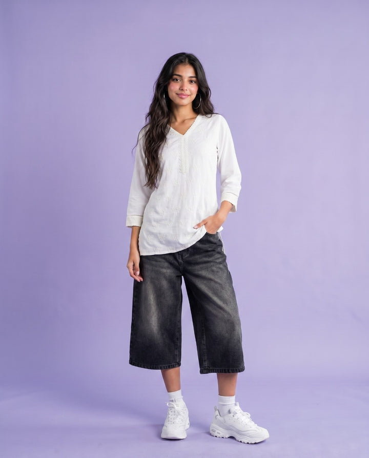 White Embriodered Cotton Short Kurti