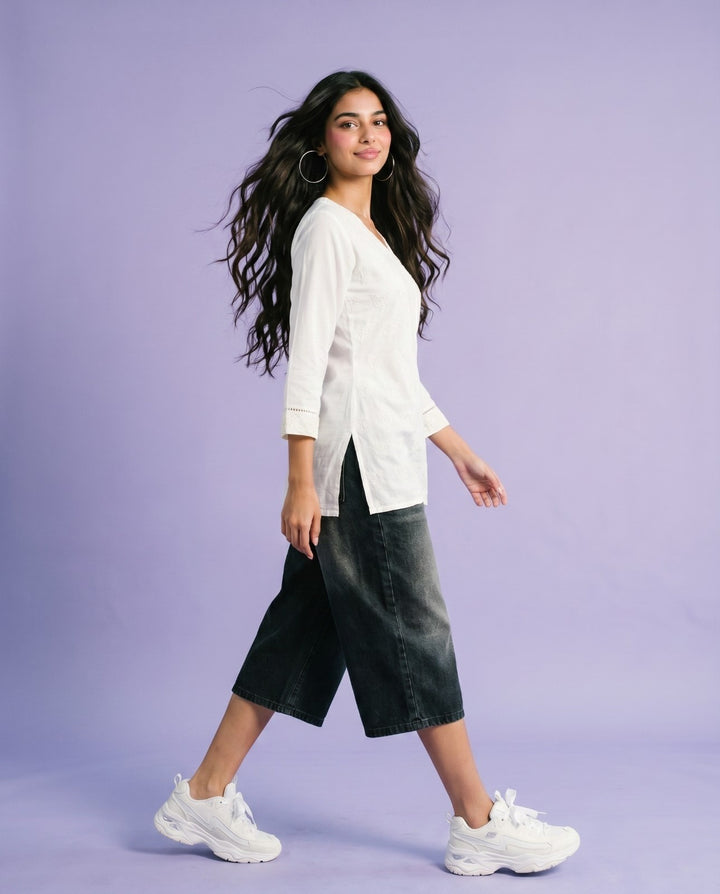 White Embriodered Cotton Short Kurti