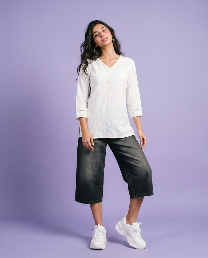 White Embriodered Cotton Short Kurti