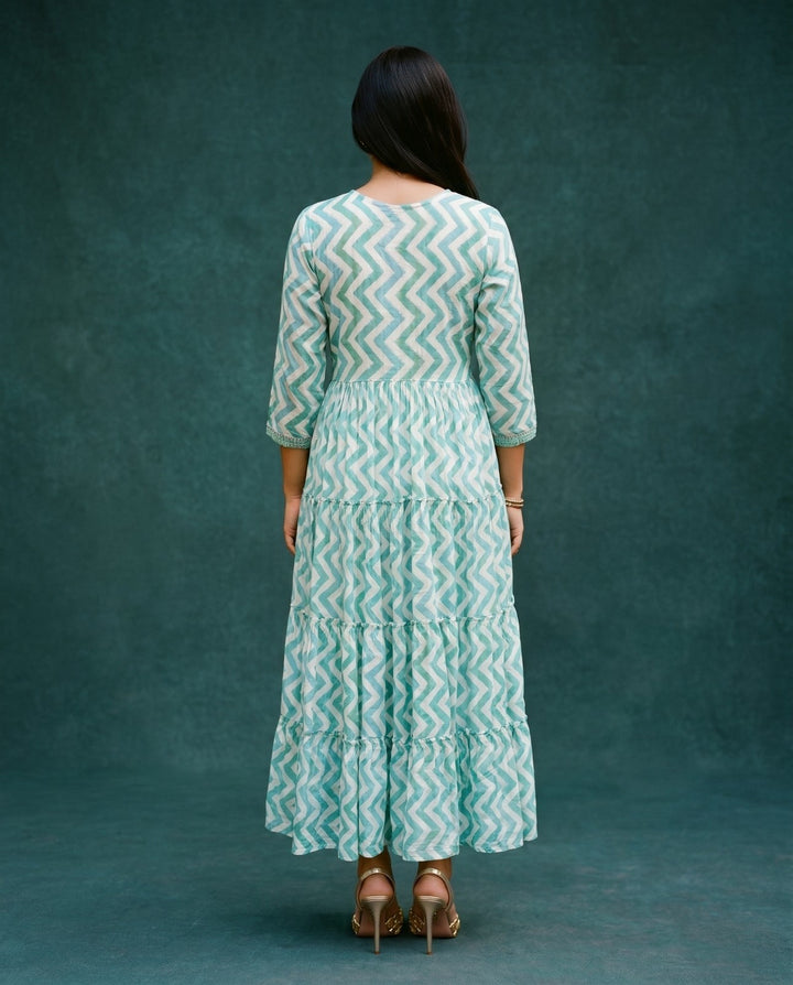 Turquoise Printed Viscose Blended Maxi Dress