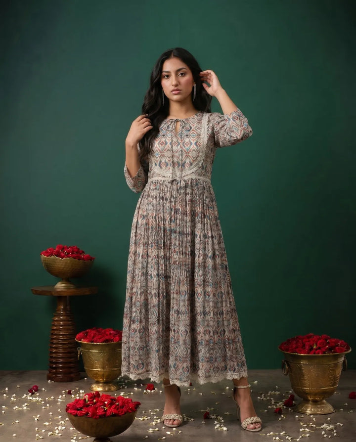 Multi-Colour Printed Silk Blended Maxi Dress