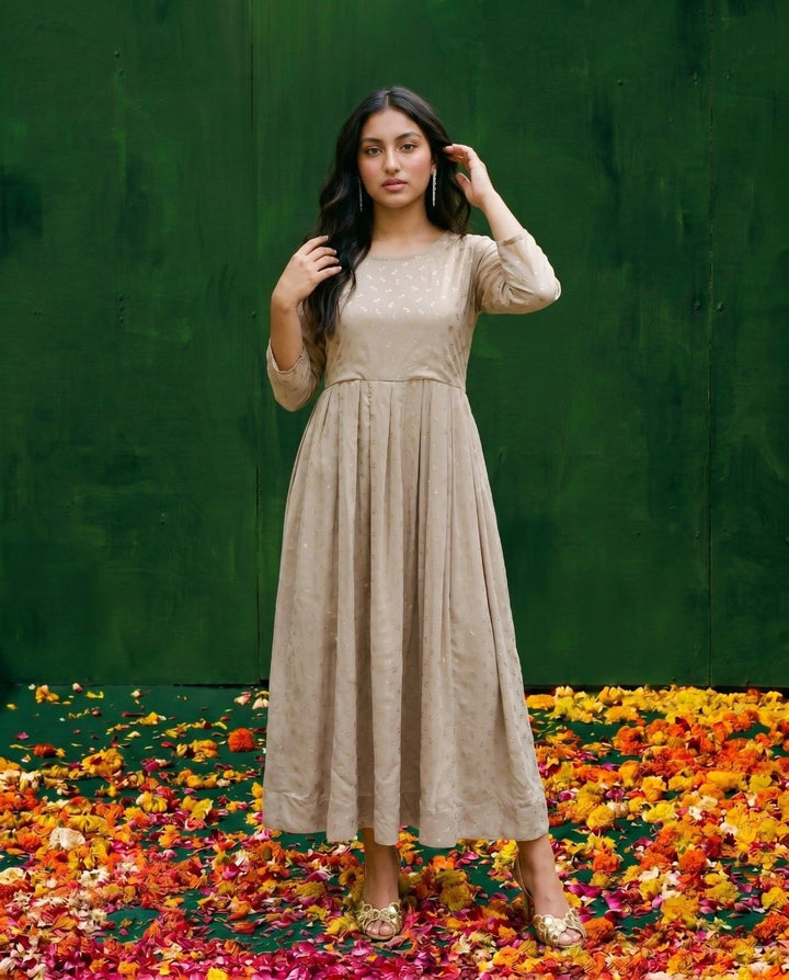 Beige Printed Georgette Maxi Dress