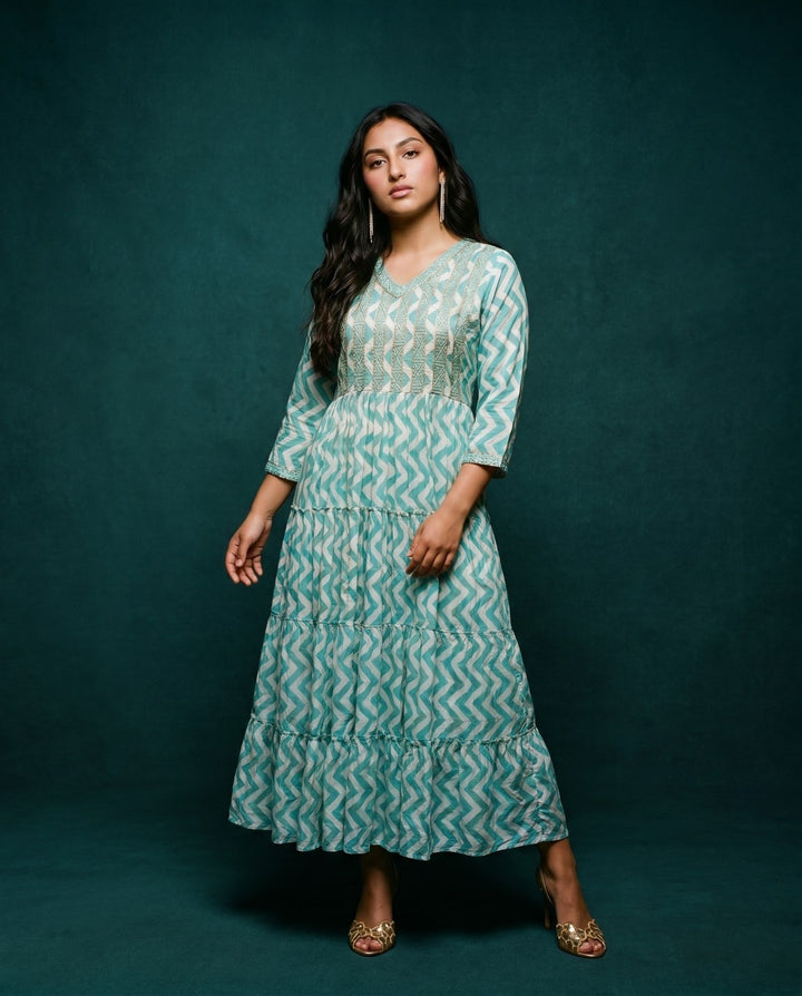 Turquoise Printed Viscose Blended Maxi Dress