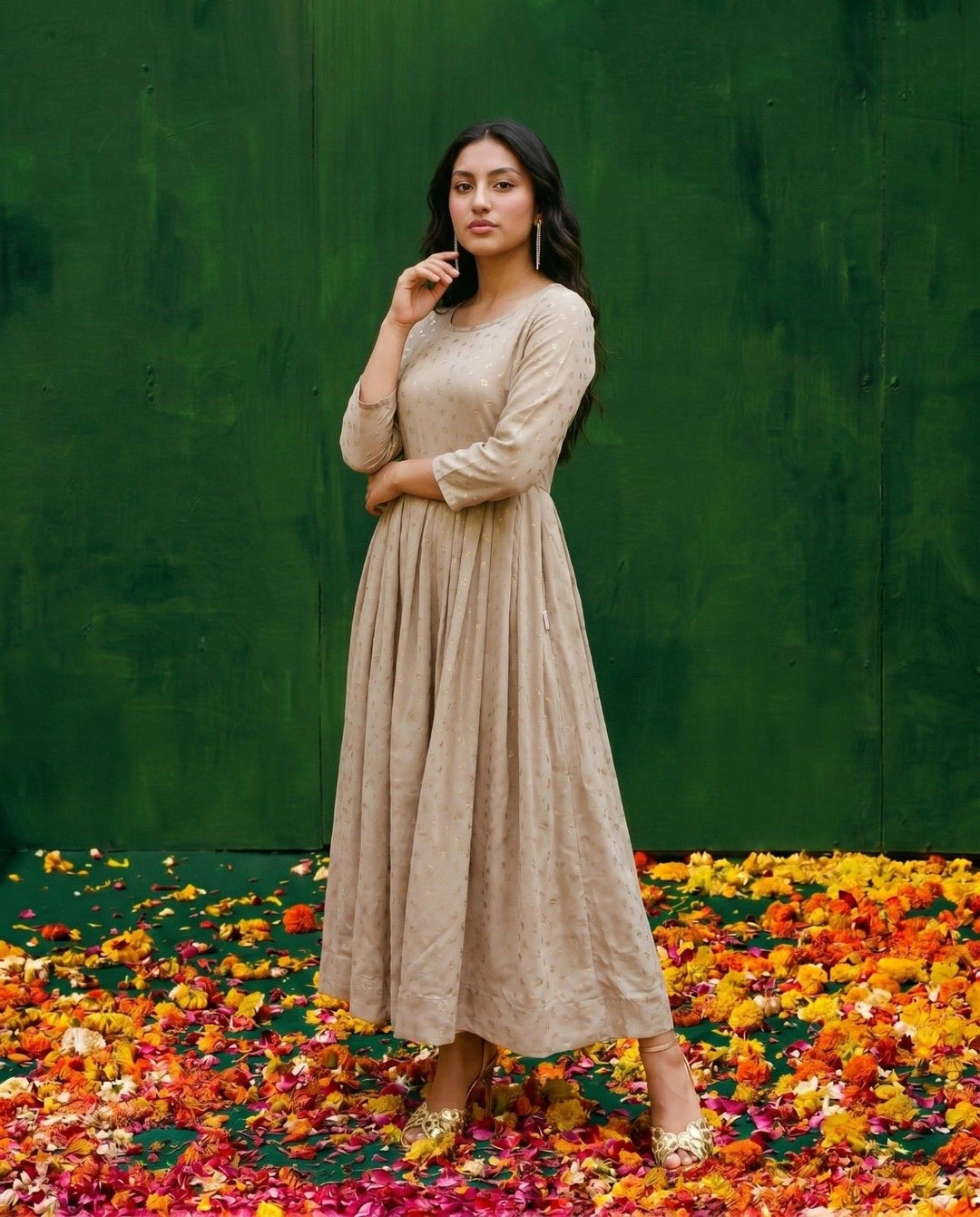 Beige Printed Georgette Maxi Dress