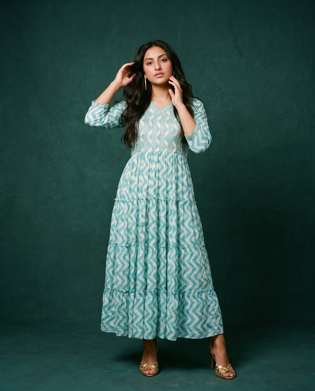 Turquoise Printed Viscose Blended Maxi Dress