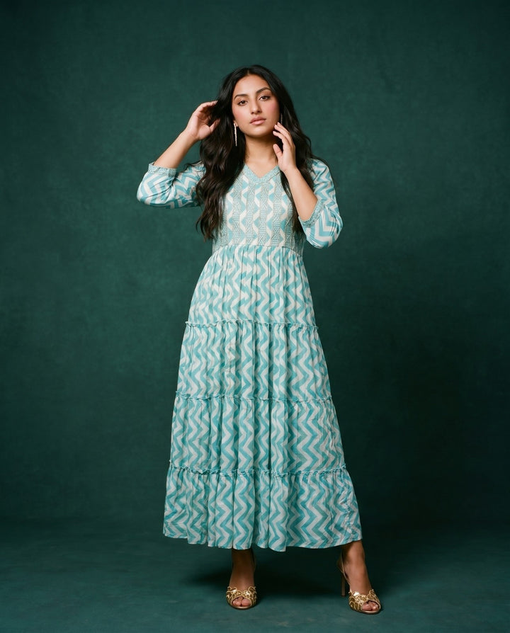 Turquoise Printed Viscose Blended Maxi Dress