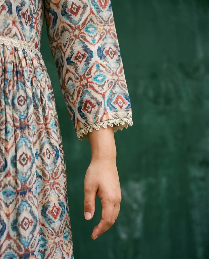 Multi-Colour Printed Silk Blended Maxi Dress